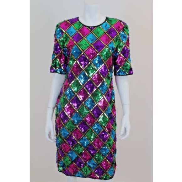 Dresses & Skirts - Vintage Sequin Dress Colorful Beaded 80s Prom M